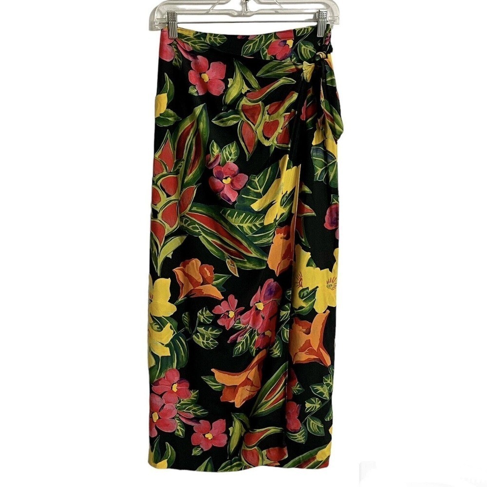 Gantos Skirt Women Size 4 Vintage Floral Faux Wrap Midi Tropical Pencil Rayon …
